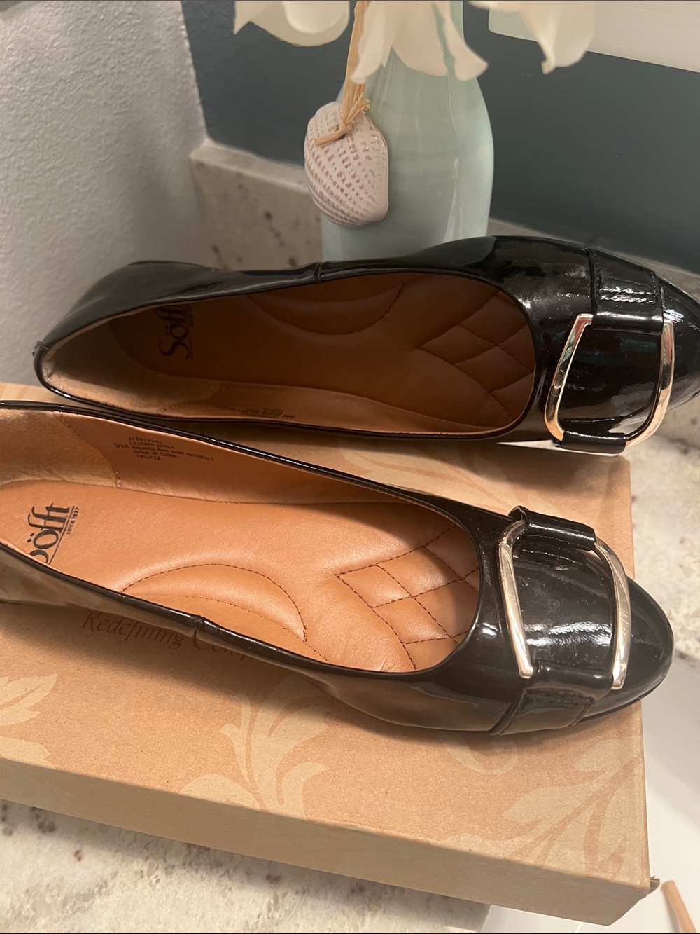 Sofft Black Patent Leather Buckle Flats